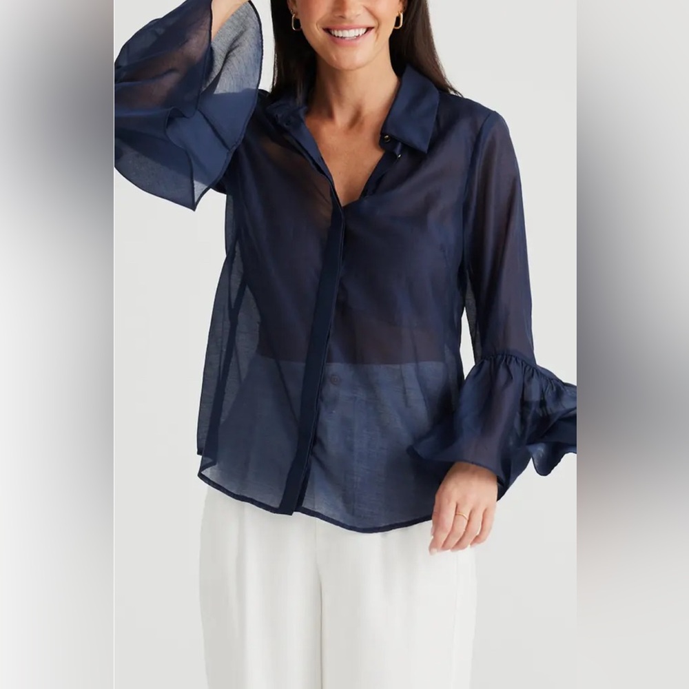 Brave+True Sheer Navy Button Blouse S Flowy Bell Sleeves Summer Romance Boho